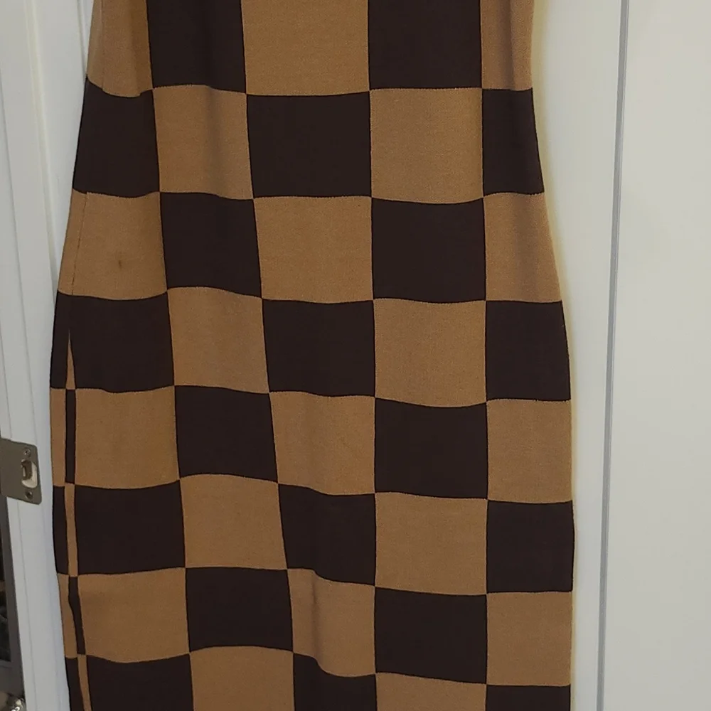 Fashion Nova Brown & Tan Checkerboard Knit Maxi Dress - Picture 3 of 4
